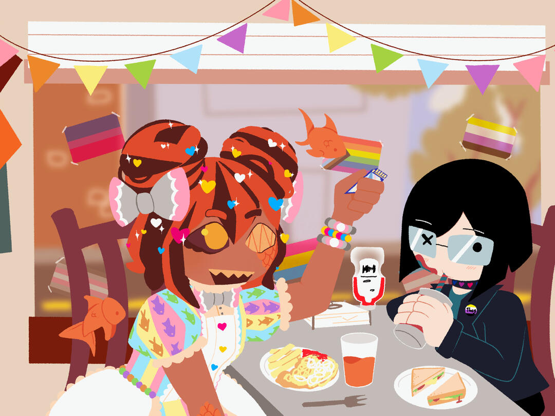 Illustration of two of my characters at a drag brunch for an art prompt!