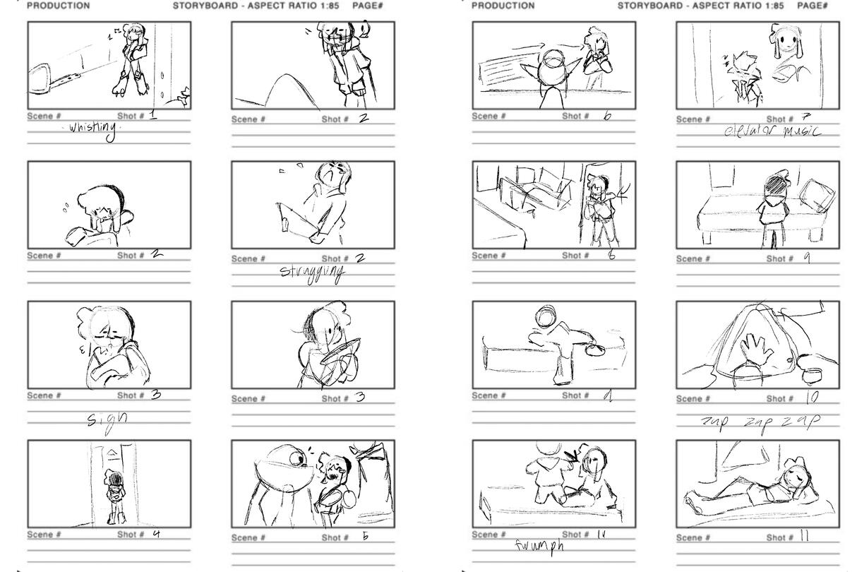 A storyboard about Ryder bringing a discarded traffic sign back to their room.