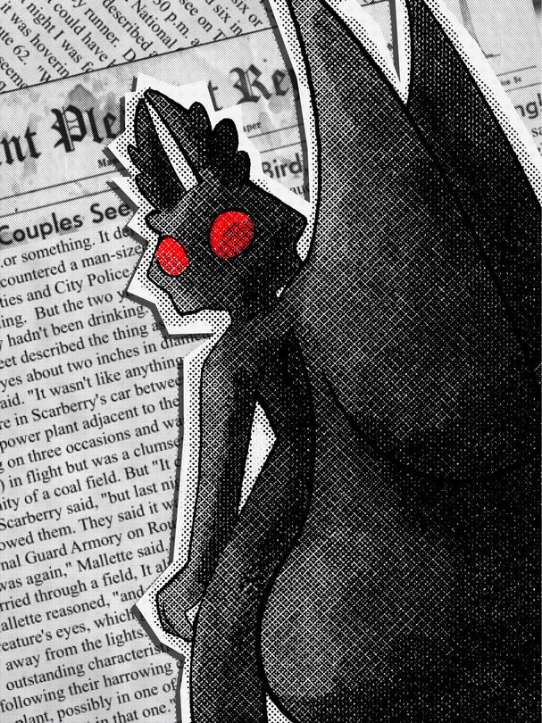 Halftone Mothman in front of his original legend